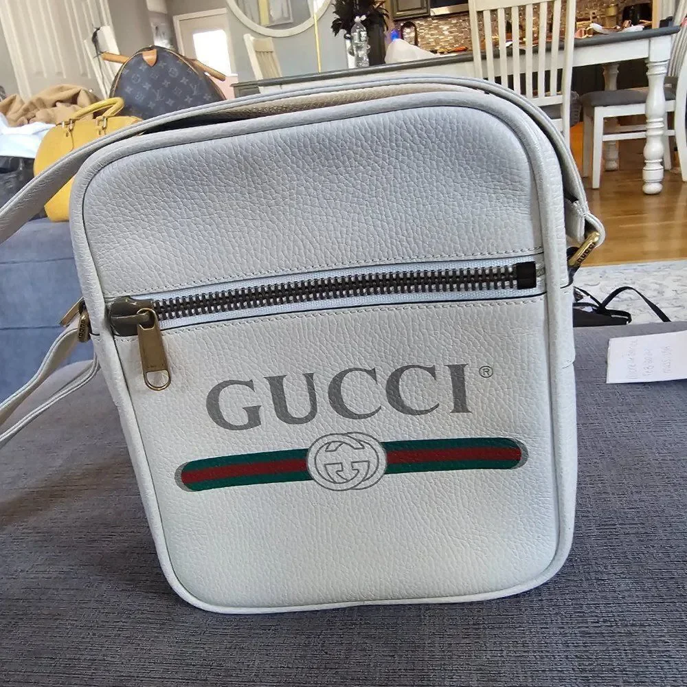 Gucci Men's Authentic White Logo Print Leather Messenger Crossbody Bag